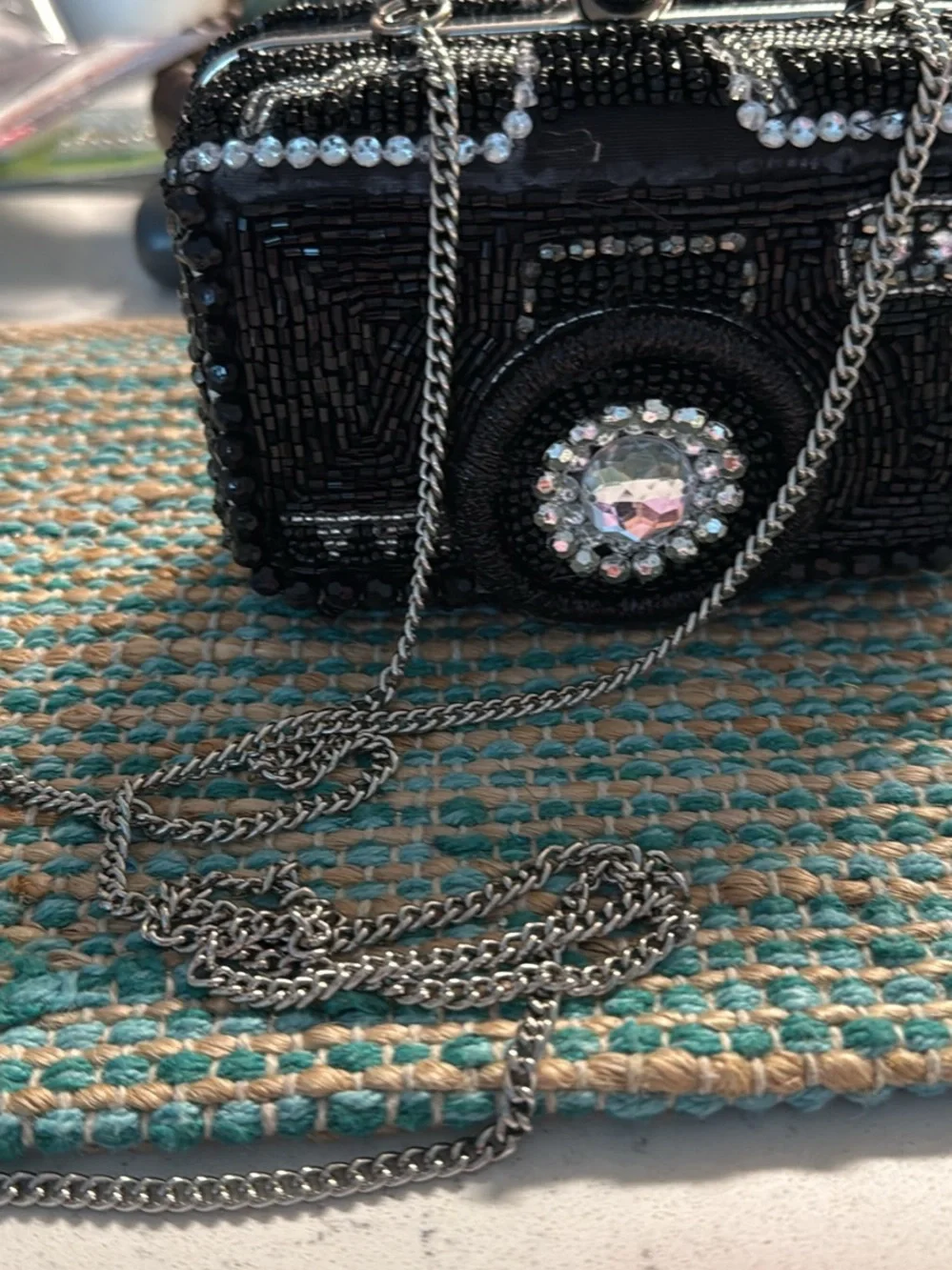 Black Beaded Camera-Shaped Evening Clutch with Crystal Accents